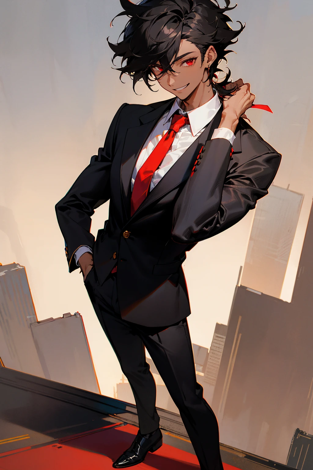 1male, tan skin, black baseball cap, black hair messy hair, tied up hair, white button up, black blazer, red tie, black pants, golden earrings, red eyes, smiling, city background, detailed background, hands to side, standing on path