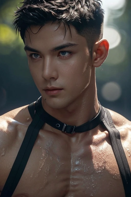 detailed ashen short-haired muscular male, shirtless with black gear in close up view, chest harness, sweat wet chest, sinewy muscles casting subtle shadows in natural light, displaying golden eyes, dramatic lighting, high contrast, portrait orientation, shallow depth of field, bokeh background accentuating subject, ultra-realistic, 8k resolution, tattoed hand