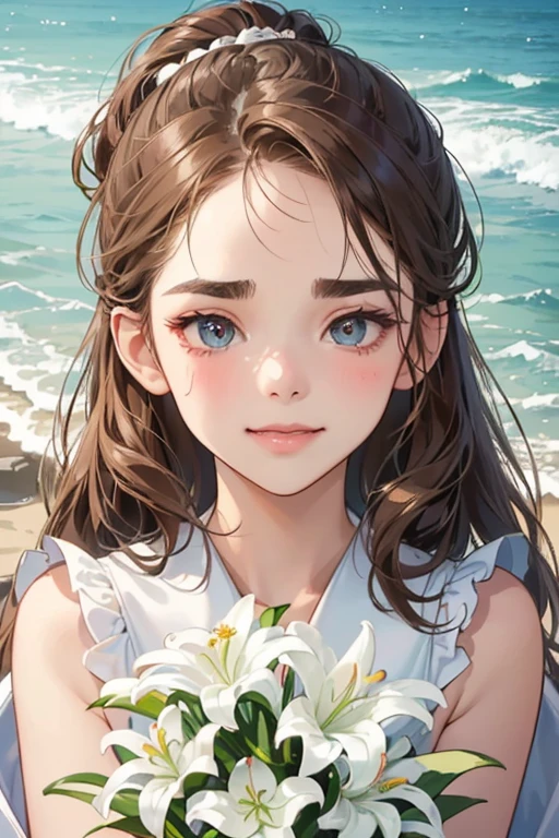 (masutepiece, Digital Art, Digital Illustration, 4K, 8K, Ultra-detailed, beautiful image, Sharp Image, Photorealistic, Raw photo, Perfect face, Perfect lines, Perfect eyes, Soft lighting) 1 woman, (lightbrown hair,Chignon Hair,Innocent look,drooping eyebrows,drooing eyes,with round face,Round jaws、Innocence,cute little,big eye,natural make up,kindly smile,E-cup,23 y-o woman:1.3),Two handsome men in suits, (ember,Men in suits,well-muscled,Firm shoulder width,Adult male,Boyish hairstyle,Man in his 30s with a cool expression,28-year-old man with bright smile:1.2),shores、beach wedding,(embarrassed from,Shy smile,white lily bouquet:1.2),sea side、the kiss、kiss、a couple、couple kissing、Romance、weddingdress、Wedding、A slight smil、Beach