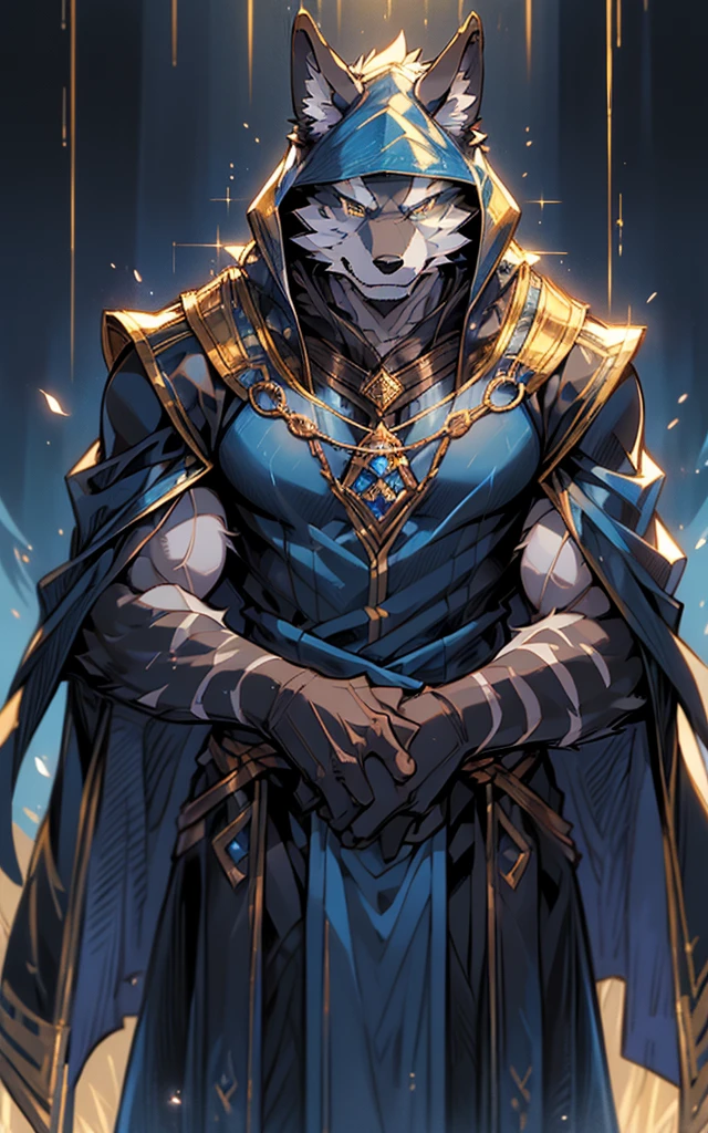 ((best quality)), ((masterpiece)), (detailed), Perfect face,Solitary,Beast field,night,fantasy,rain,thunder,Black fur,Gold Stripes,Anthropomorphic Black Wolf.Wearing a robe that fits his muscles, A long blue cape draped over his shoulders.Golden Eyes,magic,Wizard wearing a hood