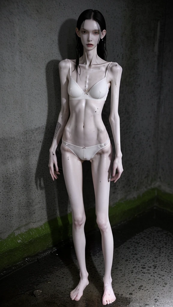 a woman, very thin body, body visible bones, very slender, sweaty wet body, pale white skin, panties, bra,tatto, full body, has a mental breakdown in an underground prison, body is very wet