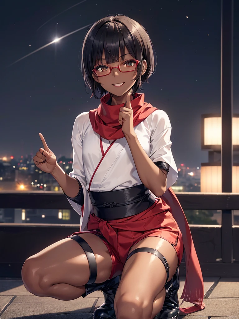 (flat chest:), (masterpiece:1.2), highest quality, High resolution, unity 8k wallpaper, (fine and beautiful eyes:1.6), highly detailed face, perfect lighting, Detailed CG, (perfect hands, perfect anatomy), (1 boy solo:1.4), 20 years old, black hair, extremely beautiful detailfeminine face and eyes, (evil smile:1.4), detailed eyes, best quality,( dark skin:1.8), (turtleneck shirt under yukata:1.2), (bike shorts:1.2), extremely detailed, very precise detailed, (glasses:1.3), blunt bangs, open mouth, (very short pixie cut:1.2), boots,fingerless gloves, smile, (half closed eyes:1.5), ,(on kawara roof),night sky, ,long sidelocks,(long red Scarf),(yukata),(squatting), ears,(acrobat pose:1.3),(squat:1.3),leaning forward,(one knee dwon:1.5),(Put one foot in front:1.3),(stylish pose:1.4),(Raise only index finger:1.1),(Joining hands:1.5),(retro artstyle:1.2), (1990s \(style\)),