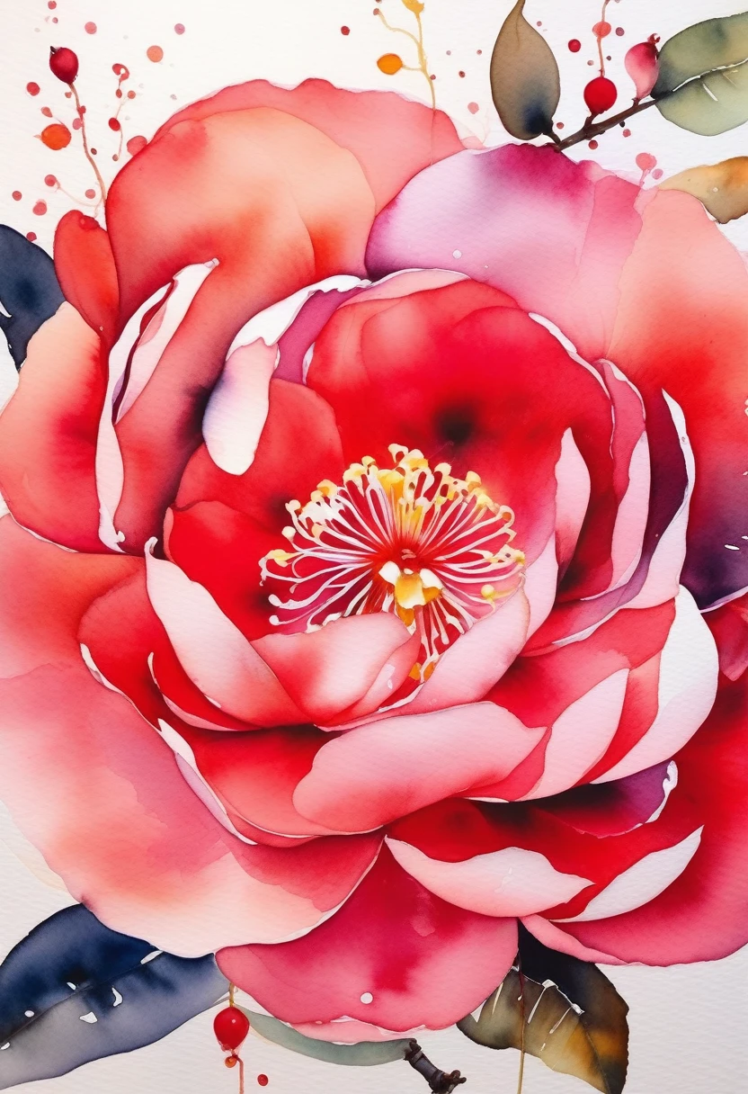 Stunning watercolor masterpieces, A collaboration between samurai and camellia flowers, Capturing the essence of strength and beauty, Aesthetics of Death, Visually striking watercolors, From bold and dynamic to delicate and complex, Surreal Portraits, Movie angle, Highest quality,