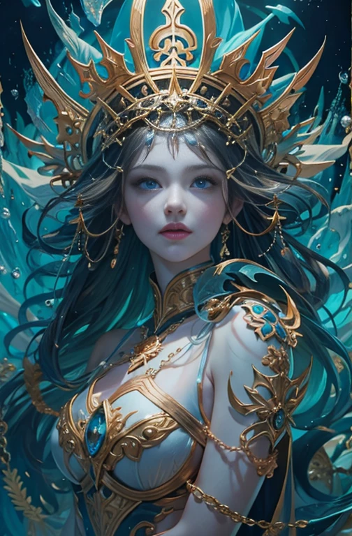 Water Spirit, Tethys, Goddess of the Sea, Guardian of the seas, sacred, deep sea mystery, Majestic, dignity, 4K Fantasy Art, By Jean Jay., Fantasy art style, 2. 5D CGI Anime Fantasy Artwork, epic Fantasy art style hd, Epic fantasy digital art style, Detailed fantasy art, Detailed digital 2D fantasy art, Luan Jia and Artgerm, 8k fantasy art, Sharp contours, very fine and beautiful eyes, Beautiful and delicate blue eyes, pretty much beautiful face, Unparalleled beauty, masterpiece, Highest quality, The perfect angle, Perfect composition, Best Shot, Official Art, Cinematic light, Very beautiful and fantastic scenery, chivalry dream, Presence, Michael&#39;S letter, Christoph Huge 、Ultra-precision coating, Luminousism, art by Carne Griffiths and What a bone Concept Art, 4K resolution, Fractal isometricdetailed bioluminescence , 3D Rendering, Octane Rendering, Exquisitely crafted , Cinematic, Trending isometric surreal cover photos、Art Station&#39;Amazing full color, handwritten, Hit definition , Cinematic,Great background, Abstract Beauty,stand, Approaching perfection, Pure Form, Golden Ratio, Minimal, unfinished, Concept Art, By Brian Froud、Karn Griffiths、What a bone、John William Waterhouse, Intricate details, 8K Post-Production, High resolution, Hyper Detail, Art Stationのトレンド, Studio shot, Intricate details, Extremely delicate and detailed painting style, Beautiful painting art, Greg Rutkowski, close, Female Solo