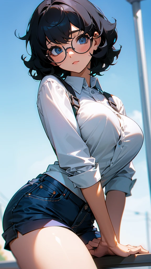 a girl are a blouse showing her breasts, ((detailed nipples)), jeans shorts, (long stockings), cityscape, medium breasts, ((very detailed)), perfectly detailed face, detailed hand, photorealistic image.