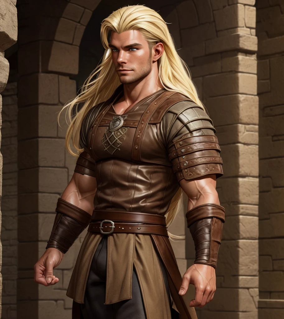 (((Solo character image.))) (((Generate a single character image.)))  (((Dressed in medieval fantasy attire.))) (((18 years old.))) (((18yo.))) (((Dressed in medieval fantasy attire.))) (((Body of a male fitness model.))) Cute guy. Hot guy.  (((Looks like Adonis.))) (((Dressed in medieval fantasy attire.))) (((Intense, sexy stare.))) (((Beautiful long sexy blond hair.)))  (((Beefcake body.))) Looks like a fun-loving and heroic male adventurer for Dungeons & Dragons. Looks like a very attractive male adventurer for a high fantasy setting. Looks like a handsome and rugged male adventurer for Dungeons & Dragons. Looks like a handsome male for a medieval fantasy setting. Looks like a Dungeons & Dragons adventurer, very cool and masculine hair style, black clothing, handsome, charming smile, adventurer, athletic build, excellent physique, confident, gorgeous face, gorgeous body,  detailed and intricate, fantasy setting,fantasy art, dungeons & dragons, fantasy adventurer, fantasy NPC, attractive male in his mid 20's, ultra detailed, epic masterpiece, ultra detailed, intricate details, digital art, unreal engine, 8k, ultra HD, centered image award winning, fantasy art concept, digital art, centered image, flirting with viewer, best quality:1.0,hyperealistic:1.0,photorealistic:1.0,madly detailed CG unity 8k wallpaper:1.0,masterpiece:1.3,madly detailed photo:1.2, hyper-realistic lifelike texture:1.4, picture-perfect:1.0,8k, HQ,best quality:1.0,, best quality:1.0,hyperealistic:1.0,photorealistic:1.0,madly detailed CG unity 8k wallpaper:1.0,masterpiece:1.3,madly detailed photo:1.2, hyper-realistic lifelike texture:1.4, picture-perfect:1.0,8k, HQ,best quality:1.0,