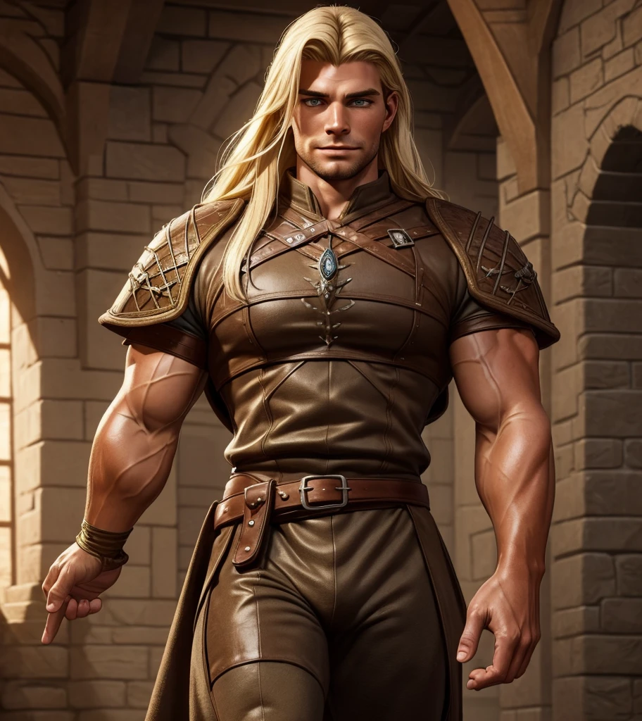 (((Solo character image.))) (((Generate a single character image.)))  (((Dressed in medieval fantasy attire.))) (((18 years old.))) (((18yo.))) (((Dressed in medieval fantasy attire.))) (((Body of a male fitness model.))) Cute guy. Hot guy.  (((Looks like Adonis.))) (((Dressed in medieval fantasy attire.))) (((Intense, sexy stare.))) (((Beautiful long sexy blond hair.)))  (((Beefcake body.))) Looks like a fun-loving and heroic male adventurer for Dungeons & Dragons. Looks like a very attractive male adventurer for a high fantasy setting. Looks like a handsome and rugged male adventurer for Dungeons & Dragons. Looks like a handsome male for a medieval fantasy setting. Looks like a Dungeons & Dragons adventurer, very cool and masculine hair style, black clothing, handsome, charming smile, adventurer, athletic build, excellent physique, confident, gorgeous face, gorgeous body,  detailed and intricate, fantasy setting,fantasy art, dungeons & dragons, fantasy adventurer, fantasy NPC, attractive male in his mid 20's, ultra detailed, epic masterpiece, ultra detailed, intricate details, digital art, unreal engine, 8k, ultra HD, centered image award winning, fantasy art concept, digital art, centered image, flirting with viewer, best quality:1.0,hyperealistic:1.0,photorealistic:1.0,madly detailed CG unity 8k wallpaper:1.0,masterpiece:1.3,madly detailed photo:1.2, hyper-realistic lifelike texture:1.4, picture-perfect:1.0,8k, HQ,best quality:1.0,, best quality:1.0,hyperealistic:1.0,photorealistic:1.0,madly detailed CG unity 8k wallpaper:1.0,masterpiece:1.3,madly detailed photo:1.2, hyper-realistic lifelike texture:1.4, picture-perfect:1.0,8k, HQ,best quality:1.0,