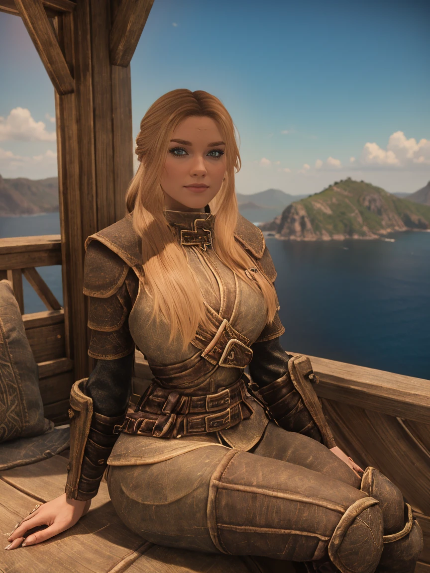 A majestic female Breton warrior maiden, her long, curly blonde hair tied back by a crimson ribbon, sits cross-legged on the wooden deck of the majestic ship in Daggerfall's harbor, basking in the warm sunlight. Her armor, adorned with intricate silver filigree, gleams against the blue sky as she dons a short skirt and knee-high boots. Her piercing gaze, bold and unyielding, meets the viewer's direct stare, her features illuminated by the golden light.
