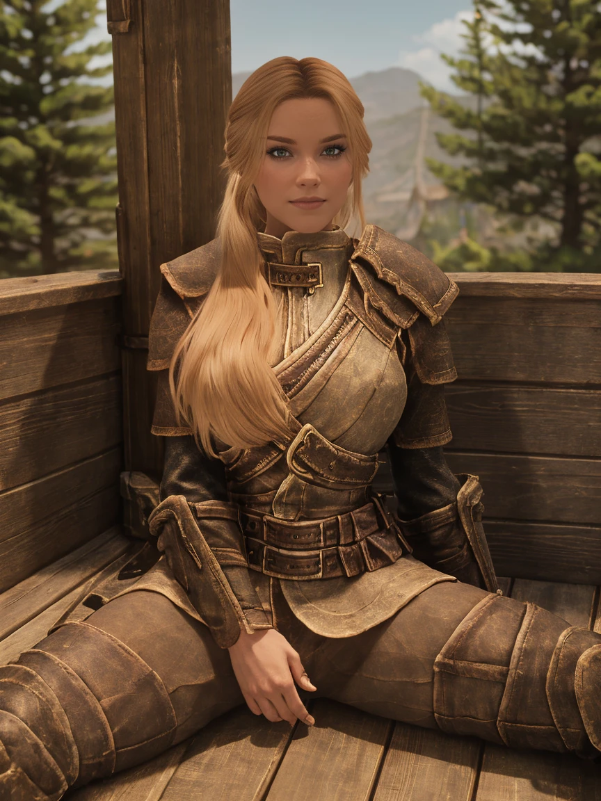 A majestic female Breton warrior maiden, her long, curly blonde hair tied back by a crimson ribbon, sits cross-legged on the wooden deck of the majestic ship in Daggerfall's harbor, basking in the warm sunlight. Her armor, adorned with intricate silver filigree, gleams against the blue sky as she dons a short skirt and knee-high boots. Her piercing gaze, bold and unyielding, meets the viewer's direct stare, her features illuminated by the golden light.