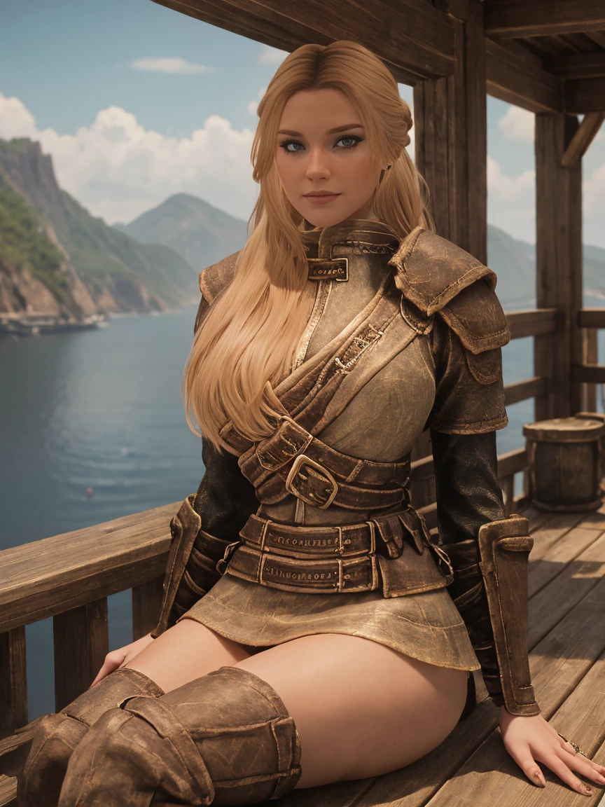 A majestic female Breton warrior maiden, her long, curly blonde hair tied back by a crimson ribbon, sits cross-legged on the wooden deck of the majestic ship in Daggerfall's harbor, basking in the warm sunlight. Her armor, adorned with intricate silver filigree, gleams against the blue sky as she dons a short skirt and knee-high boots. Her piercing gaze, bold and unyielding, meets the viewer's direct stare, her features illuminated by the golden light.