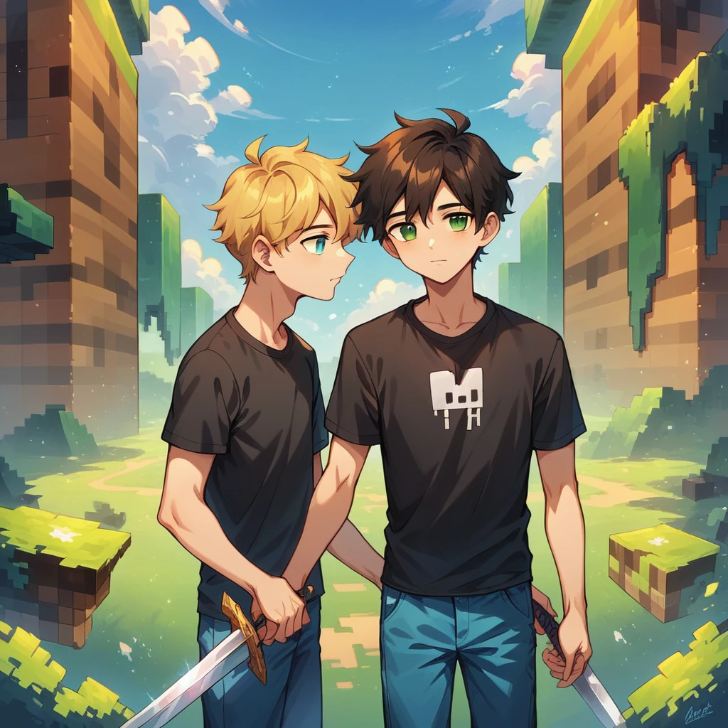 Boy, cute boy , ager ,perfect quality, black t-shirt, blue pants, holding sword, Minecraft background, beautiful background,