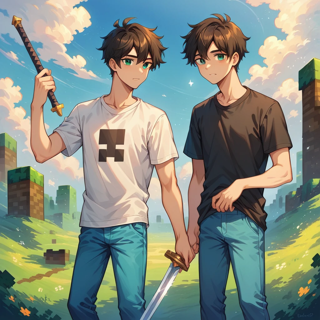 Boy, cute boy , teenager ,perfect quality, black t-shirt, blue pants, holding sword, Minecraft background, beautiful background, 