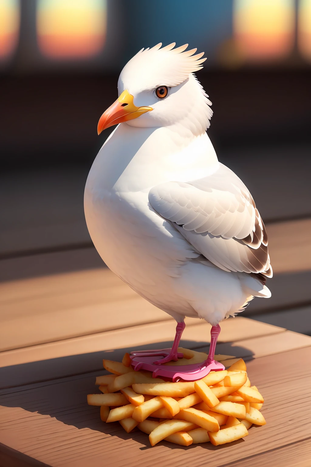 Seagull standing on a table, pecking at fries, realistic,illustration,(best quality,4k,8k, highres,masterpiece:1.2),ultra-detailed,(photorealistic:1.37),vivid colors,portraits,studio lighting,bokeh,texture details,crisp details,shiny beak,feathers texture,golden sunset colors,soft shadows