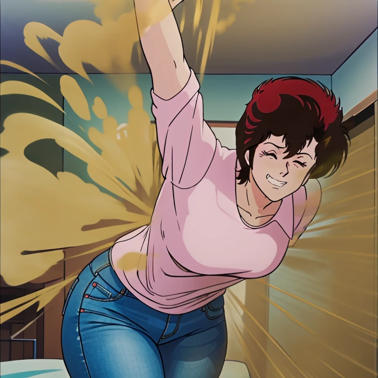 HD, high quality, high resolution, ultrahd,Kaori Makimura, 1female, wearing default outfit, light pink shirt, white coat, wearing coat over tshirt, jeans, default hair, brown hair, very tall body, thin body, massive fart, yellow smoke, velocity, closed eyes, stretching body, viewing ass, embarrassed, smiling, clenching teeth, alone in a room, beautiful lighting, highlights