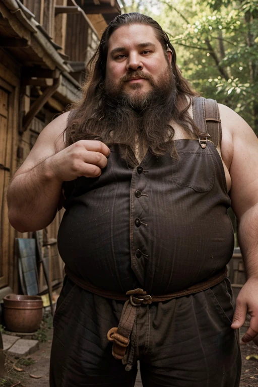 Dwarves are a fictional character archetype that typically have short but robust bodies and are known for their incredible strength. Their skin color is usually gray or brown, and their hair is typically dark brown or auburn and short and stout. Dwarves' features are often rugged with prominent beards or goatees, which are considered indicative of their brawn and fighting prowess. They have dark-colored eyes and heightened vision due to their long periods of subterranean living.Dwarves typically wear heavy clothing and leather goods, which are made to be durable and protective during their mining and crafting processes. Their broad and powerful hands are highly regarded for their skilled craftsmanship, from building homes to the forging of weapons and armor.Generally, dwarves are known for their bravery and stubbornness. They value tradition, respect for the law, and family honor, which they take pride in. Overall, the dwarven archetype is widely used in culture to represent a variety of characters, including warriors, miners, craftsmen, and elites in various fields.The gentle sunshine and natural scenery under the sunlight: The sunshine is a source of vitality for life. It shines on all things in nature, makes all plants and trees full of vitality, and gives natural scenery a gentle and warm aesthet, (handsome mature man plump chubby morbid extremely thick thighs bulging belly fat), older man, gray hair, white man, wearing , hairy chest, hairy belly, bare overalls, gloves, , bulge, detailed glade on clothing, (fat and corpulent: 1.3), full beard very long, looking at the viewer, handsome man, detailed eyes, symmetrical face, mischievous smile, robust, mustache, longer hair, his body is lying sideways on the floor, front view.