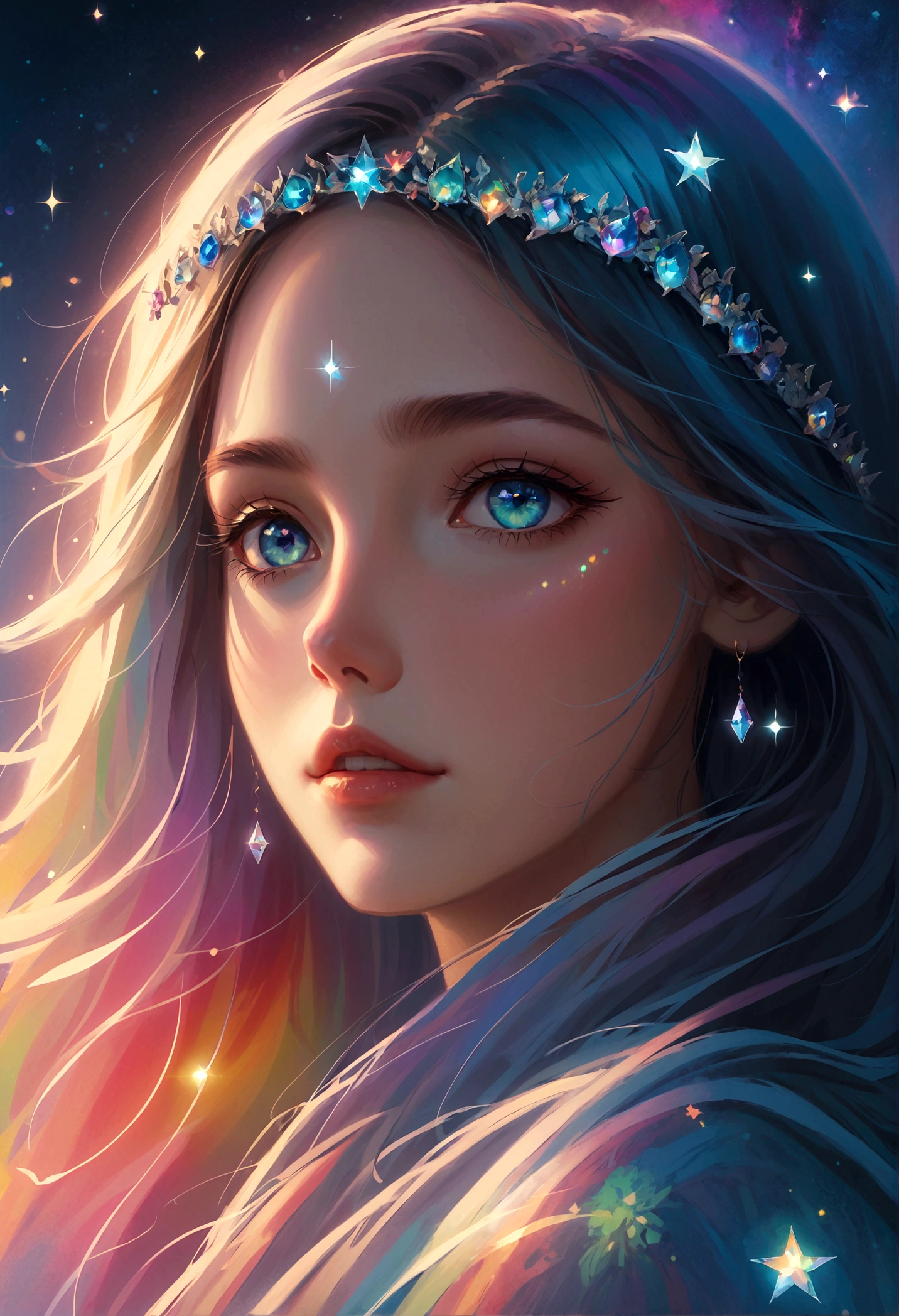 masterpiece, Amazing girl, Cute girl, Break, High detail eyes, Perfect eyes, portrait, High detail face, The same vision, glare, Rainbow Colors, Global Illumination, Soft Light, Light of Dreams, number, 8K Close-up, fantasy, Night Sky, Star, nebula, White crystal, moonlight, peaceful, summer, (8K:1.1)