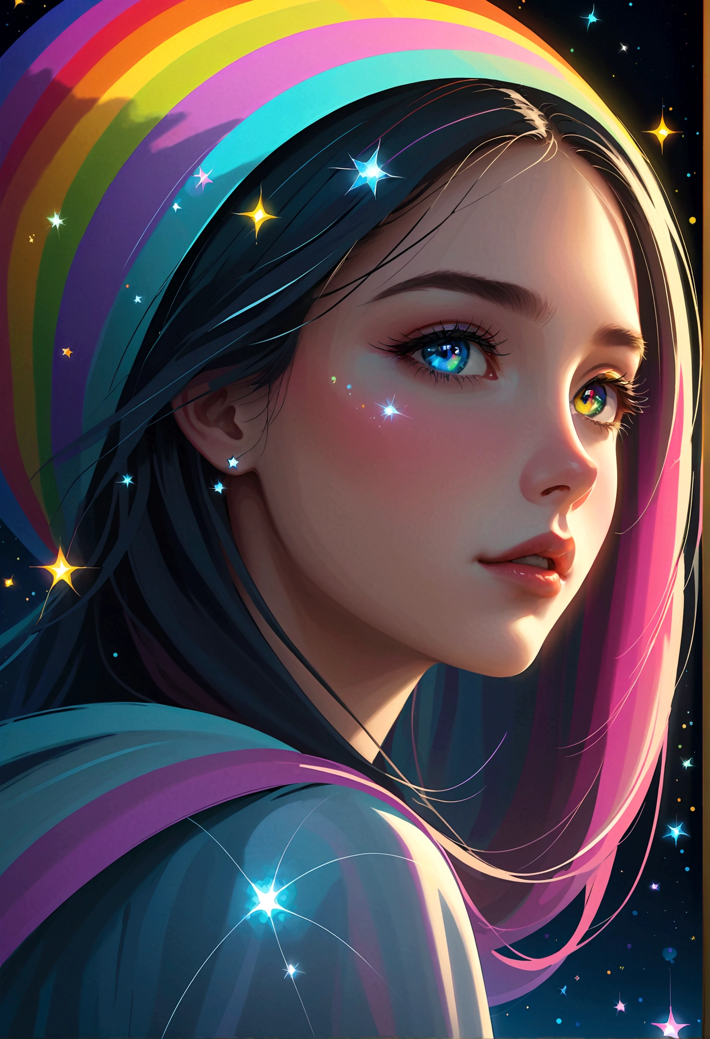 masterpiece, Amazing girl, Cute girl, Break, High detail eyes, Perfect eyes, portrait, High detail face, The same vision, glare, Rainbow Colors, Global Illumination, Soft Light, Light of Dreams, number, 8K Close-up, fantasy, Night Sky, Star, nebula, White crystal, moonlight, peaceful, summer, (8K:1.1)