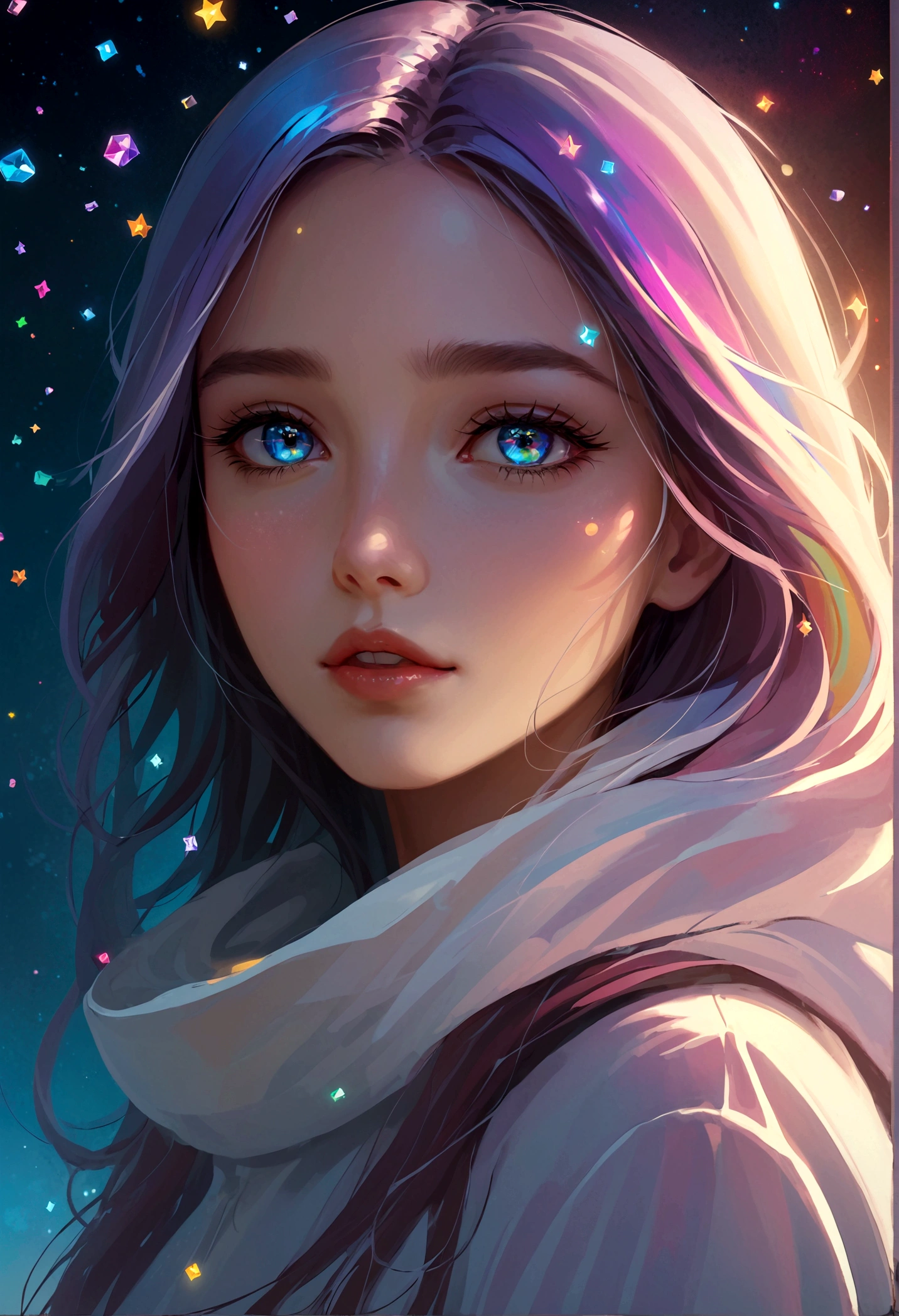 masterpiece, Amazing girl, Cute girl, Break, High detail eyes, Perfect eyes, portrait, High detail face, The same vision, glare, Rainbow Colors, Global Illumination, Soft Light, Light of Dreams, number, 8K Close-up, fantasy, Night Sky, Star, nebula, White crystal, moonlight, peaceful, summer, (8K:1.1)