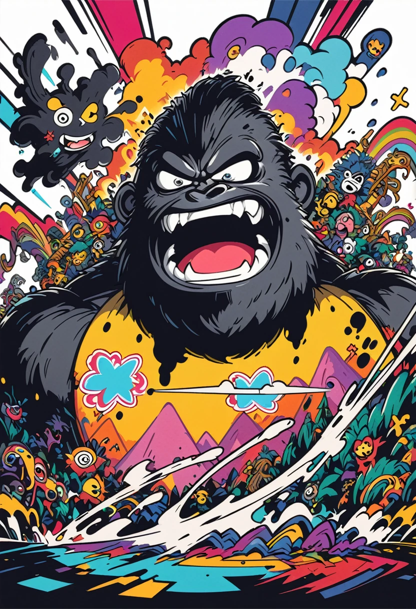 (((a sticker))), (((white background))),splash art, intricately detailed t-shirt design ready for print , 2d, ONE angry wild shouting furious  HUGE KING KONG in foreground, Jungle sunset at the background, vibe detailed design for streetwear and urban style t-shirts design, pro vector, (cel-shading style:1.3), inkpunk, (ink lines:1.1), strong outlines, bold traces, high contrast, (cel-shaded:1.1), vector, 32k resolution, best quality, flat lights,vector t-shirt art ready for print, intricate rich extremely complex ornaments illustration, extremely detailed and complex illustration, high detail, clean lines style, intricate high details, (((white plain background)))