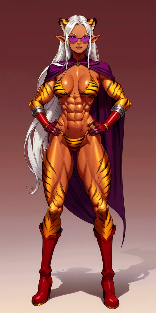 Full body, masterpiece, 1solofemale drow elf purple skin standing pose (yellow tiger bikini) cape, bikini, long white hair, strong body, abs, Ultra Quality, shiny skin, Atmospheric, 8K, Cinematic BREAK, sunglasses, 2legs, 2arms, muscle abs toned, slender body, long silver white hair, purple eyes, hands on hips red gloves gauntlets, red military boots ((plain background))