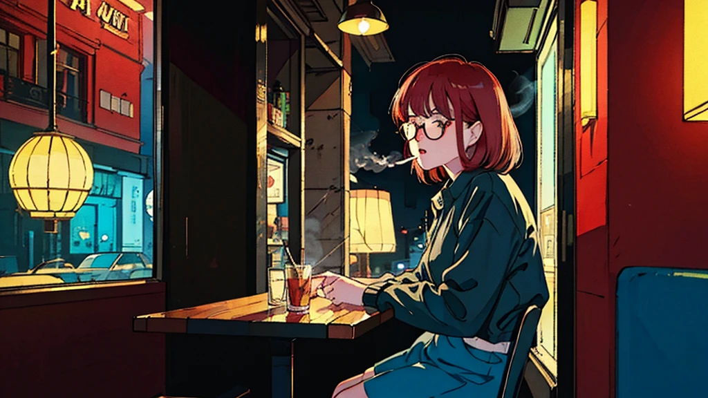 Beautiful redhead Asian girl sitting in a restaurant at night, visible from the window, perfect face, sunglasses, Smoke a white Taylormade cigarette, neon black, (Backlight included: 1.1), solid shadow, masterpiece, best quality, complicated, model shooting style, vintage, film grain, Incomplete details