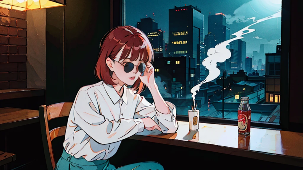 Beautiful redhead Asian girl sitting in a restaurant at night, visible from the window, perfect face, sunglasses, Smoke a white Taylormade cigarette, neon black, (Backlight included: 1.1), solid shadow, masterpiece, best quality, complicated, model shooting style, vintage, film grain, Incomplete details