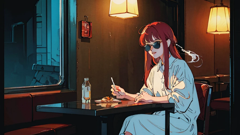 Beautiful redhead Asian girl sitting in a restaurant at night, visible from the window, perfect face, sunglasses, Smoke a white Taylormade cigarette, neon black, (Backlight included: 1.1), solid shadow, masterpiece, best quality, complicated, model shooting style, vintage, film grain, Incomplete details