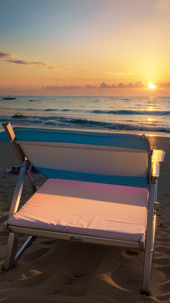 a sun lounger kept on a beach ,beautiful sunset in background , vibrant a realistic 