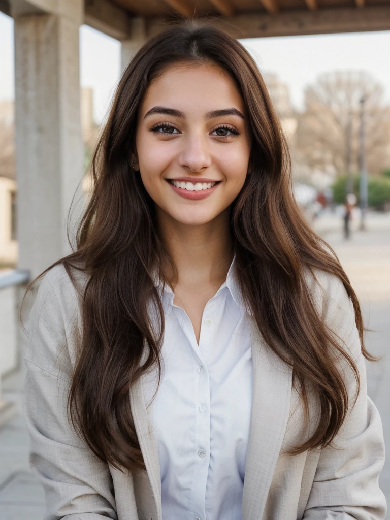 one cute women, 20YO, white, Arab, cute face, realistic brown eyes, blue jacket, brown hair, cute smile, skinny face, white realistic teethes, big eyes, long hair