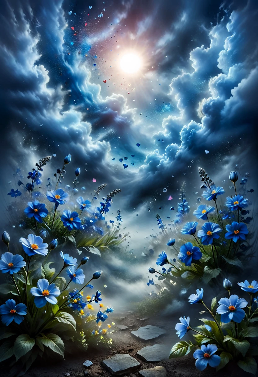 Imagine a soothing scene of joyful loving hearts, each floating serenely in their bubbles amidst a lush garden of vibrant blue flowers.. The petals of these beautiful flowers sway gently in the gentle breeze., adding a sense of calm to a scene. Above them, dark clouds gather in the sky, giving the landscape moody gray-blue tones. However, despite the ominous weather overhead, warm medium light penetrates through the clouds, illuminating the garden and giving a feeling of happiness and satisfaction.