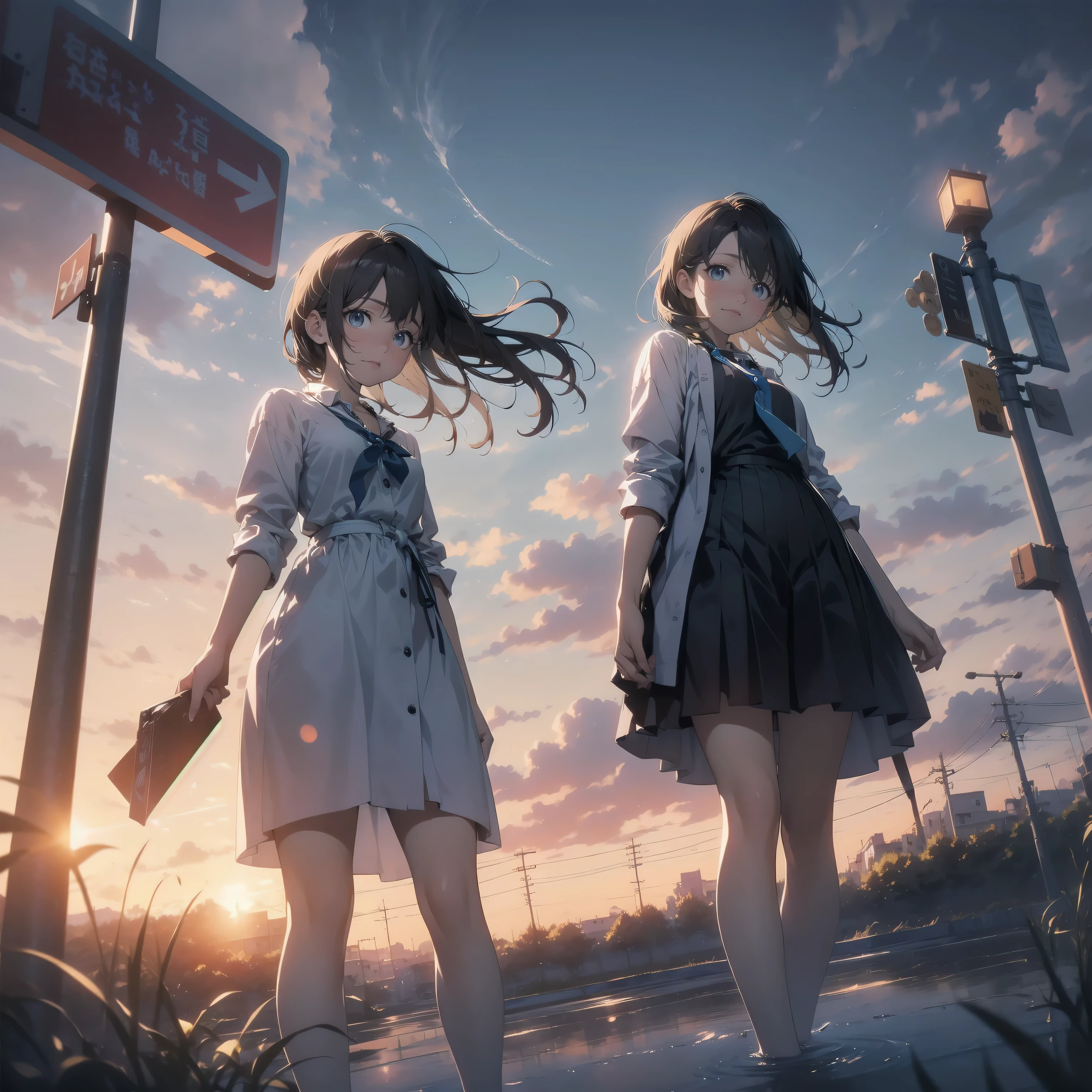 Vast landscape photography、(View from below、Shows the sky above and below)、High resolution、Highest quality、Very detailed、makoto shinkai、sunset、Girl in white dress looking sideways、College student with long brown hair、Electric pole、electric wire、Railroad crossing、Lens blur