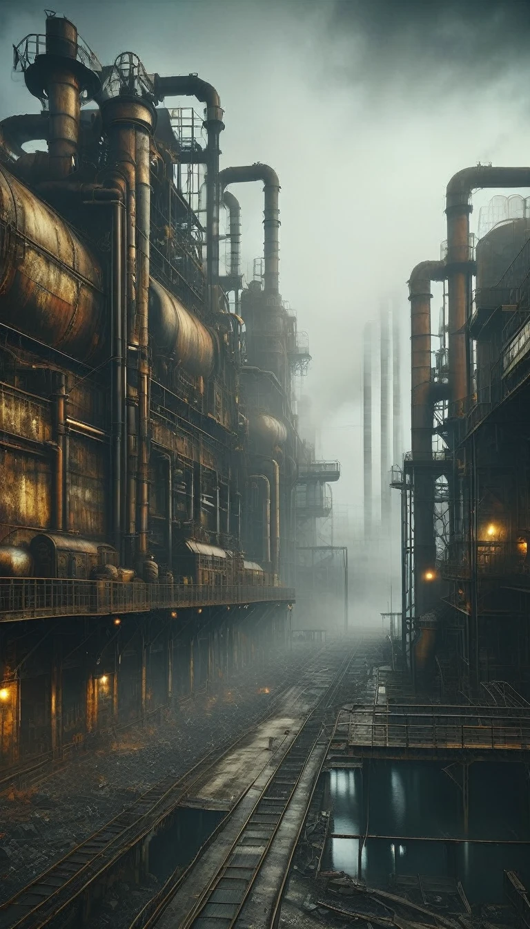 (steampunk:1.5), detailed large ruined industrial factory, foggy atmosphere, polluted environment, dirty industrial aesthetic, dystopian atmosphere, dramatic lighting, muted color palette, highly detailed masterpiece (best quality, 4k, 8k, high resolution, artwork master: 1.2), ultra detailed, (realistic, photorealistic, photorealistic: 1.37)