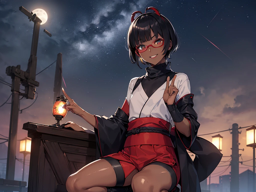 (flat chest:), (masterpiece:1.2), highest quality, High resolution, unity 8k wallpaper, (fine and beautiful eyes:1.6), highly detailed face, perfect lighting, Detailed CG, (perfect hands, perfect anatomy), (1 boy solo:1.4), 20 years old, black hair, extremely beautiful detailfeminine face and eyes, (evil smile:1.4), detailed eyes, best quality,( dark skin:1.8), (turtleneck shirt under yukata:1.2), (bike shorts:1.2), extremely detailed, very precise detailed, (glasses:1.3), blunt bangs, open mouth, (very short pixie cut:1.2), boots,fingerless gloves, smile, half closed eyes, ,(on kawara roof),night sky, ,long sidelocks,(long red Scarf),(yukata),(squatting), ears,(acrobat pose:1.3),(squat:1.3),leaning forward,(one knee dwon:1.5),(Put one foot in front:1.3),(stylish pose:1.4),(Raise index and middle fingers together:1.5),(arm up:1.5)