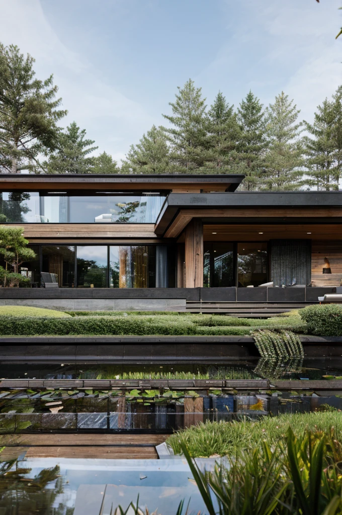 raw photo, realism, real photo, contemporary house with steel, wood and concrete structure, brise-brise style windows, deck overlooking a large duck pond, real grass