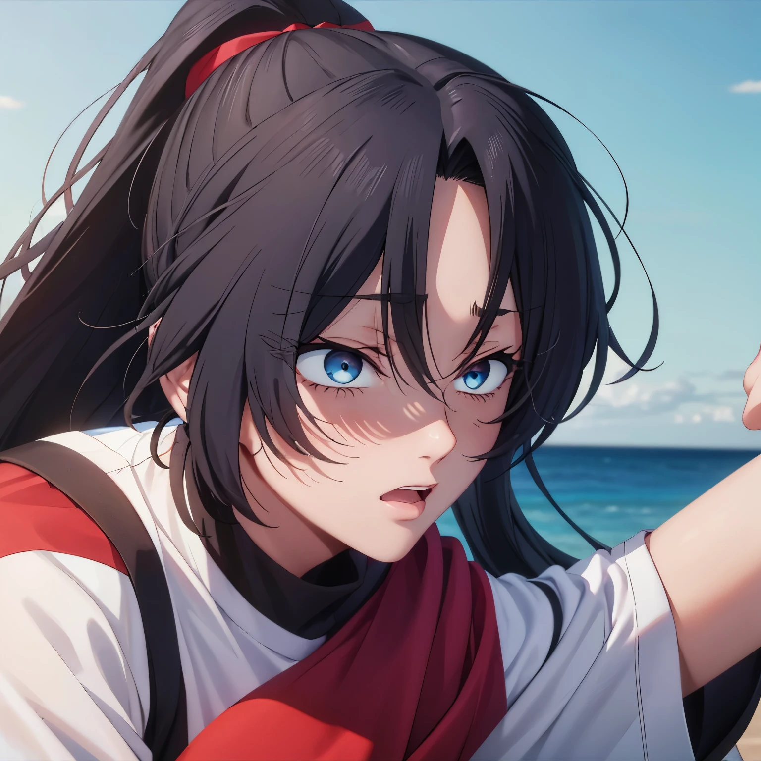 1 woman long hair, black hair, blue eyes,ponytail,Surprised expression,White sports t-shirt, red sports shorts,, close up photo