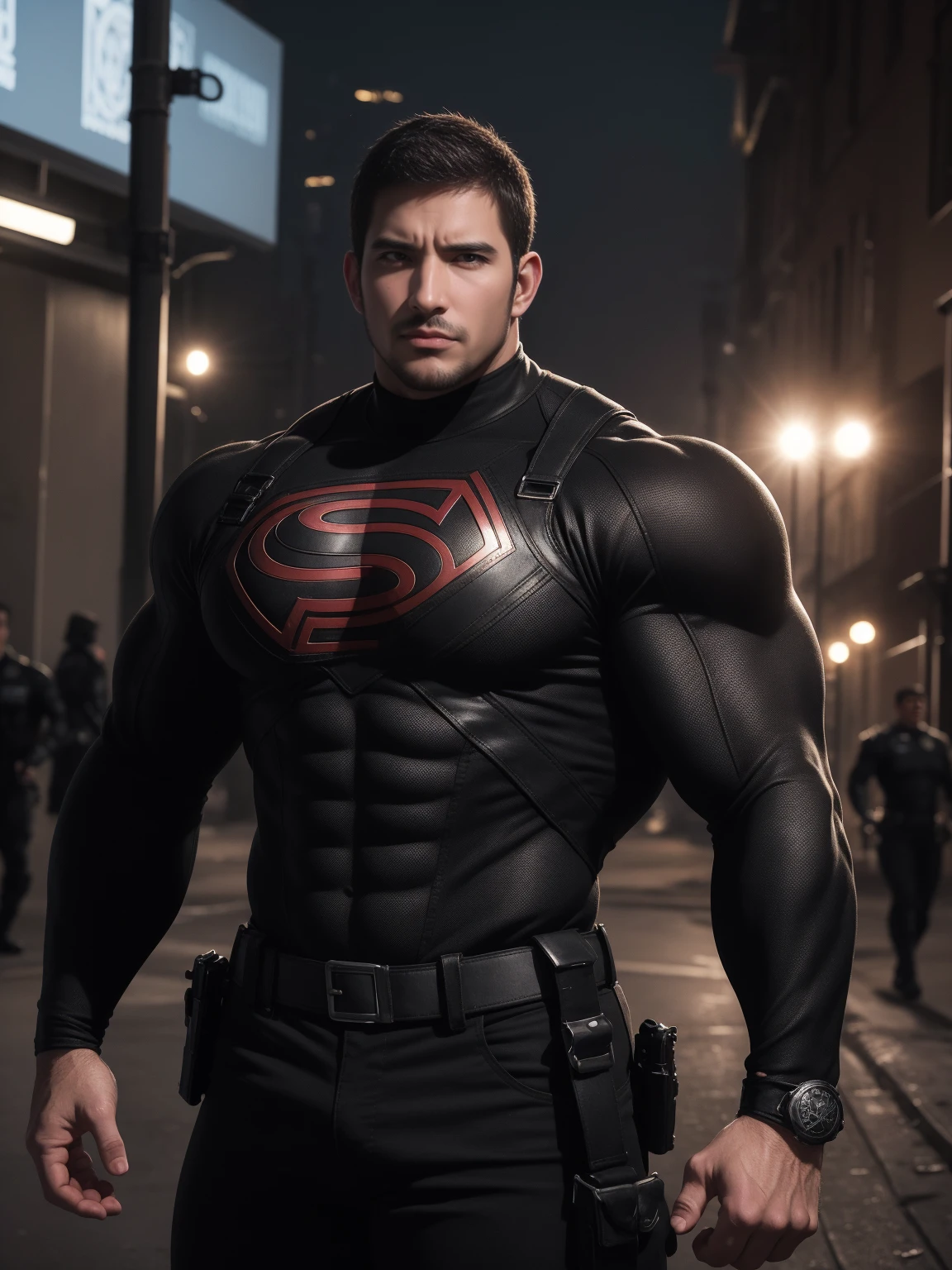 1名Angry super muscular man,  short hair，On a vintage outdoor street under the hot sun, Wear long sleeve dark brown superhero black panther tights, Dark brown texture，The expression is arrogant, Thick thighs, Messy hair, Thick thighs, Turtleneck Long Sleeve Dark Brown Superhero Bodysuit, very tight, Regular symmetrical pattern, High targetlight muscles, Police uniform pants, character concept（Resident Evil - Chris Redfield, Chris Redfield）A proud expression, Deep and charming eyes, Heroic male pose, tall Burly, muscular！muscular thighs, Tough Guy, Perfect facial features, High target, Burly, Heqiang, Super exquisite and cool, High target Resolution Committee, Charming, The sun is blazing, Dazzling