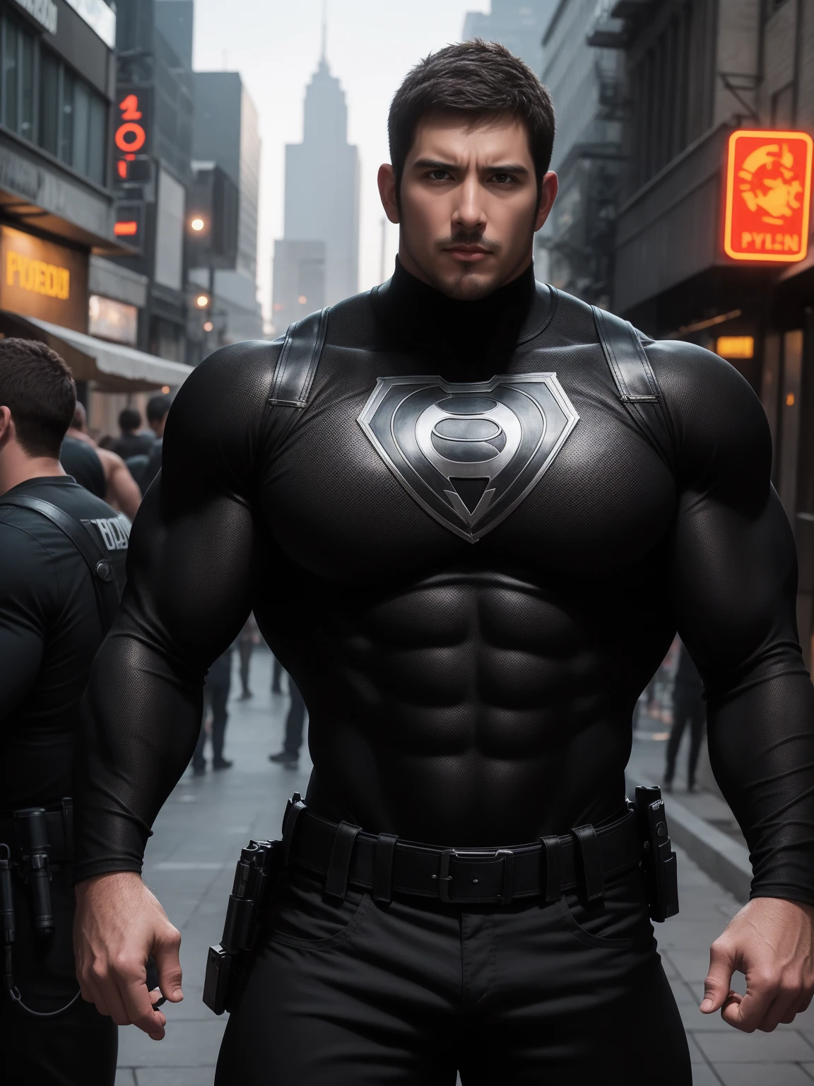 1名Angry super muscular man,  short hair，On a vintage outdoor street under the hot sun, Wear long sleeve dark brown superhero black panther tights, Dark brown texture，The expression is arrogant, Thick thighs, Messy hair, Thick thighs, Turtleneck Long Sleeve Dark Brown Superhero Bodysuit, very tight, Regular symmetrical pattern, High targetlight muscles, Police uniform pants, character concept（Resident Evil - Chris Redfield, Chris Redfield）A proud expression, Deep and charming eyes, Heroic male pose, tall Burly, muscular！muscular thighs, Tough Guy, Perfect facial features, High target, Burly, Heqiang, Super exquisite and cool, High target Resolution Committee, Charming, The sun is blazing, Dazzling