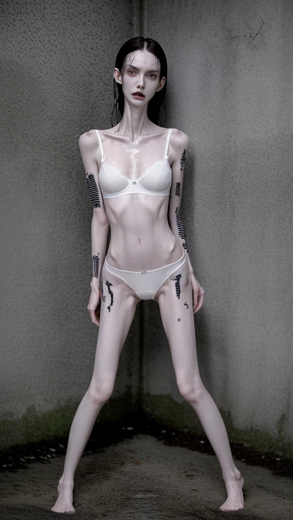a woman, very thin body, body visible bones, very slender, sweaty wet body, pale white skin, panties, bra,tatto, full body, has a mental breakdown in an underground prison, body is very wet