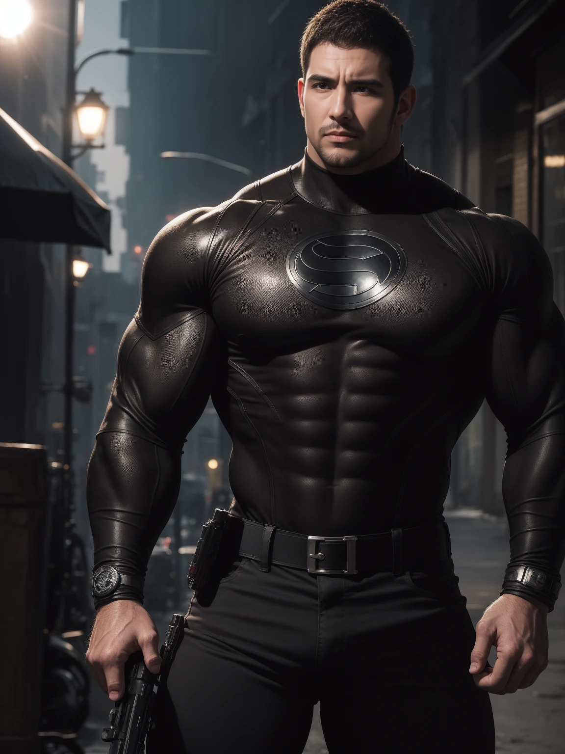 1名Angry super muscular man, short hair,On a vintage outdoor street under the hot sun, Wear long sleeve dark brown superhero black panther tights, Dark brown texture,The expression is arrogant, Thick thighs, Messy hair, Thick thighs, Turtleneck Long Sleeve Dark Brown Superhero Bodysuit, very tight, Regular symmetrical pattern, High targetlight muscles, Police uniform pants, character concept(Resident Evil - Chris Redfield, Chris Redfield)A proud expression, Deep and charming eyes, Heroic male pose, tall Burly, muscular!muscular thighs, Tough Guy, Perfect facial features, High target, Burly, Heqiang, Super exquisite and cool, High target Resolution Committee, Charming, The sun is blazing, Dazzling