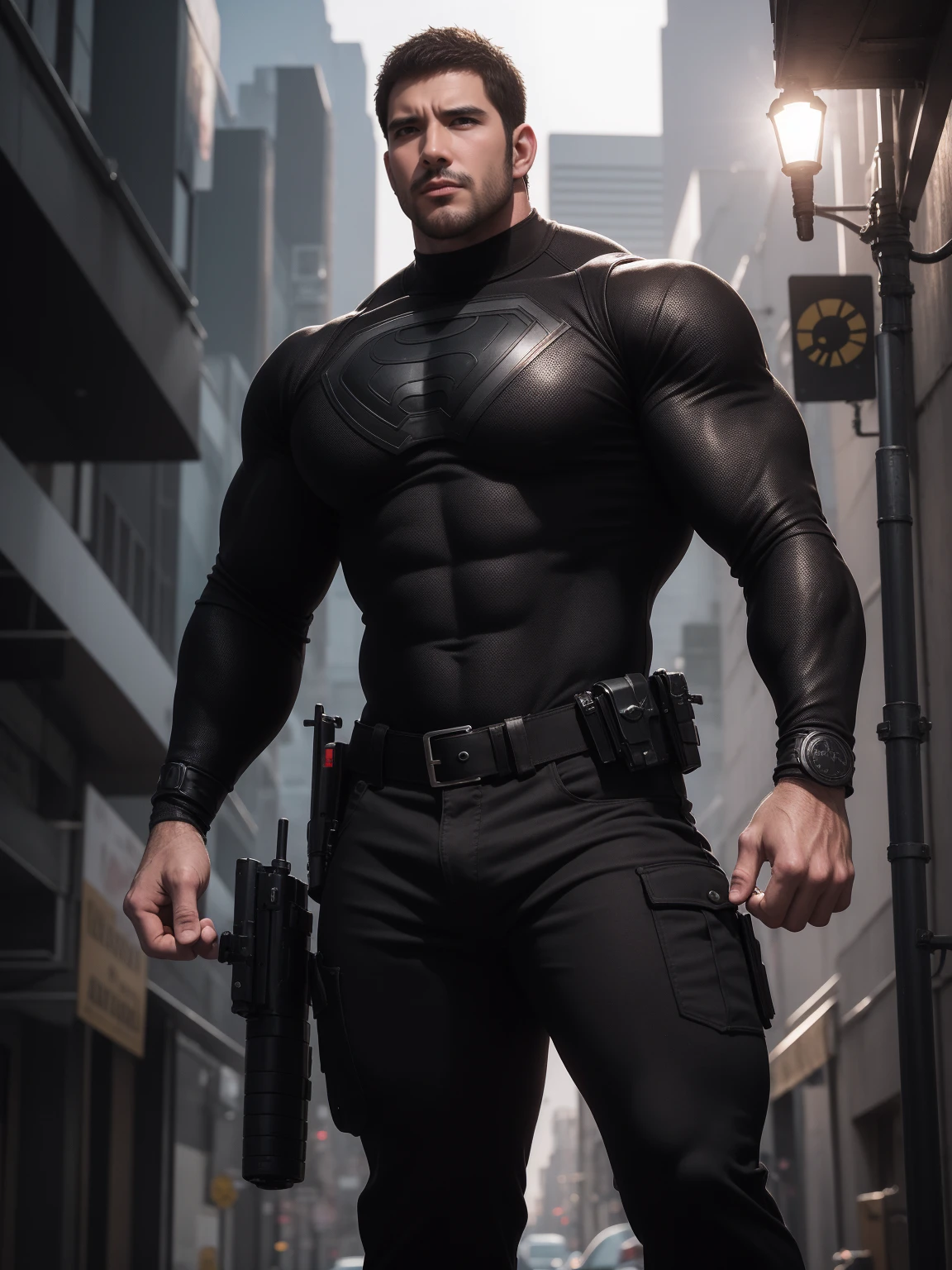 1名Angry super muscular man,  short hair，On a vintage outdoor street under the hot sun, Wear long sleeve dark brown superhero black panther tights, Dark brown texture，The expression is arrogant, Thick thighs, Messy hair, Thick thighs, Turtleneck Long Sleeve Dark Brown Superhero Bodysuit, very tight, Regular symmetrical pattern, High targetlight muscles, Police uniform pants, character concept（Resident Evil - Chris Redfield, Chris Redfield）A proud expression, Deep and charming eyes, Heroic male pose, tall Burly, muscular！muscular thighs, Tough Guy, Perfect facial features, High target, Burly, Heqiang, Super exquisite and cool, High target Resolution Committee, Charming, The sun is blazing, Dazzling