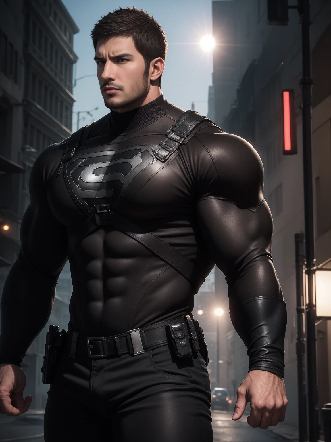 1名Angry super muscular man,  short hair，On a vintage outdoor street under the hot sun, Wear long sleeve dark brown superhero black panther tights, Dark brown texture，The expression is arrogant, Thick thighs, Messy hair, Thick thighs, Turtleneck Long Sleeve Dark Brown Superhero Bodysuit, very tight, Regular symmetrical pattern, High targetlight muscles, Police uniform pants, character concept（Resident Evil - Chris Redfield, Chris Redfield）A proud expression, Deep and charming eyes, Heroic male pose, tall Burly, muscular！muscular thighs, Tough Guy, Perfect facial features, High target, Burly, Heqiang, Super exquisite and cool, High target Resolution Committee, Charming, The sun is blazing, Dazzling