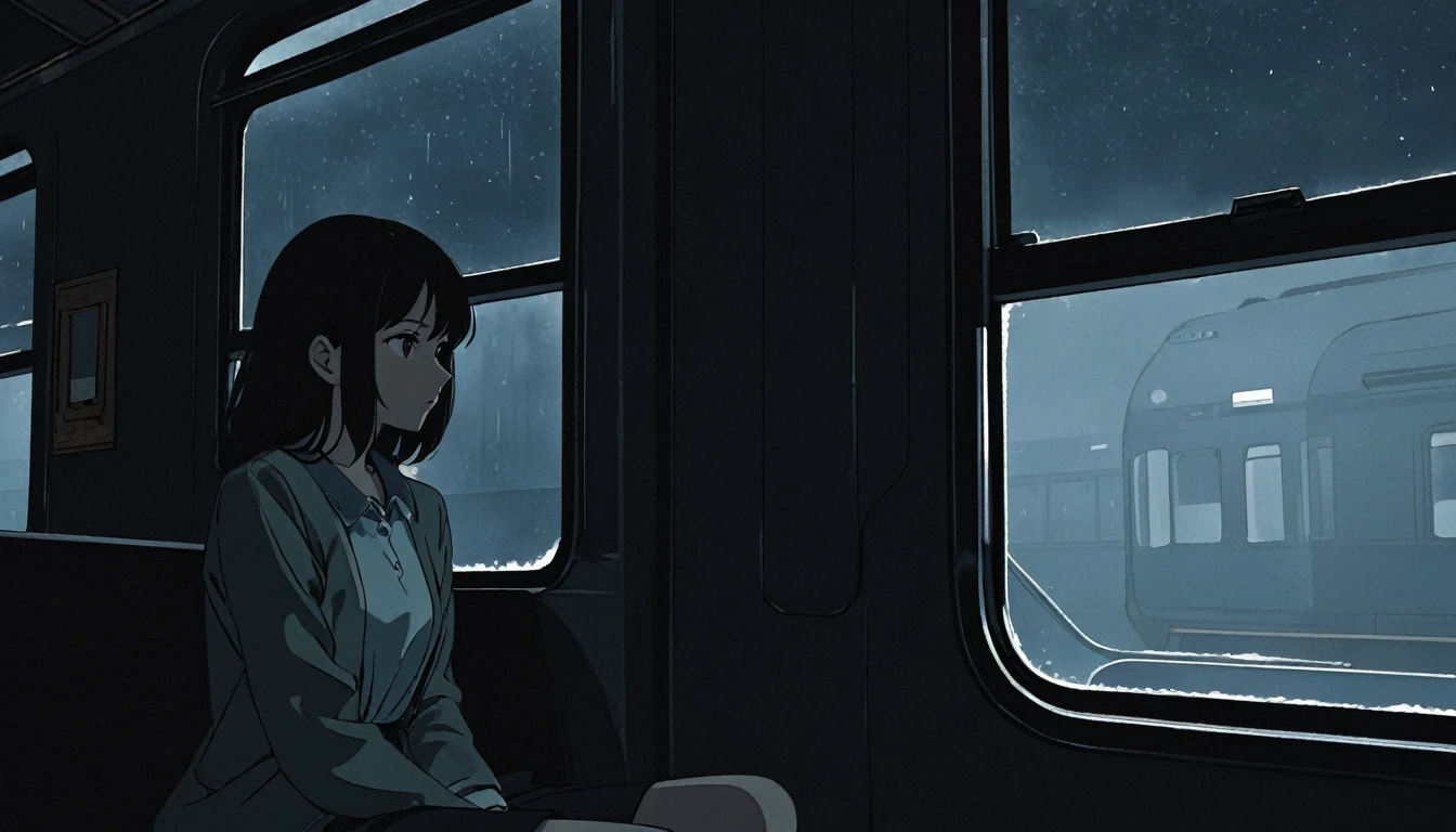 High definition animation. A girl sits in a slightly dark old train and looks lonely out her window. One window. It's dark outside the train. Girl's half body shot