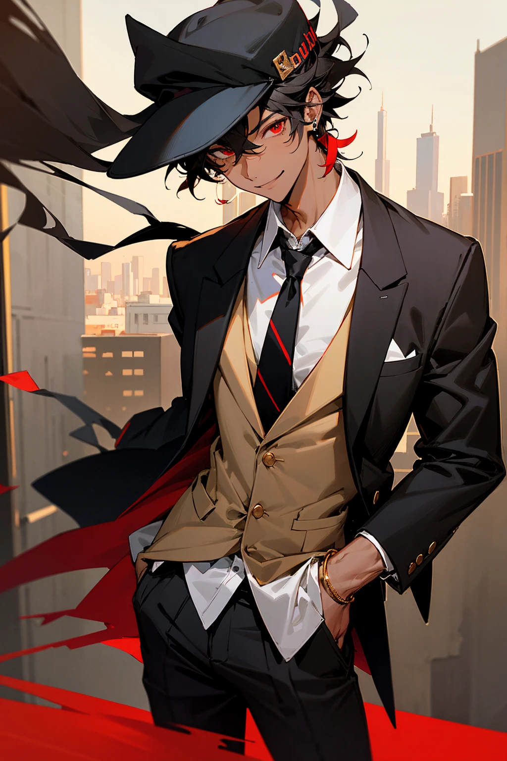 1male, tan skin, black baseball cap, black cap, baseball hat, black hair messy hair, tied up hair, messy clothing, white button up, black blazer, red tie, black pants, golden earrings, red eyes, smiling, city background, detailed background, hands to side, standing on path