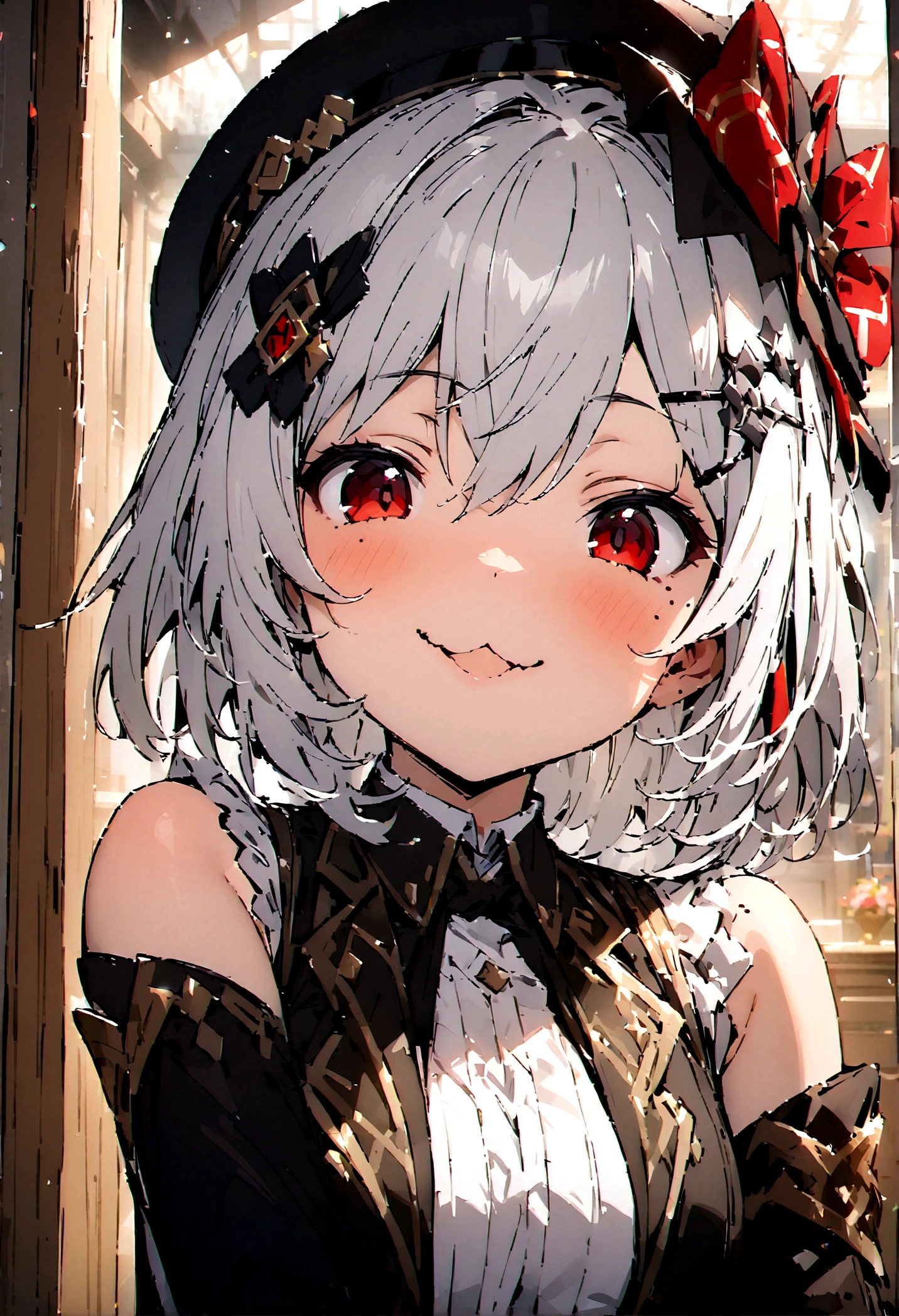 room,Idol cloth,masterpiece,best quality,White hair, Red Eyes,White shirt,(Black formal hat),(Hairpin:1.3),(Small mouth mole:1.3),Smile,high resolution,4k,Black detachable sleeves, Upper Body,