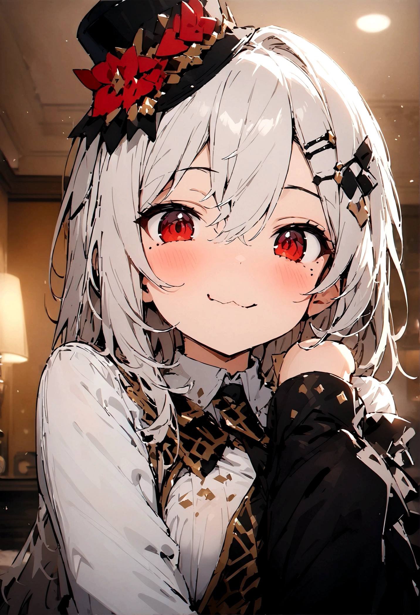 room,Idol cloth,masterpiece,best quality,White hair, Red Eyes,White shirt,(Black formal hat),(Hairpin:1.3),(Small mouth mole:1.3),Smile,high resolution,4k,Black detachable sleeves, Upper Body,