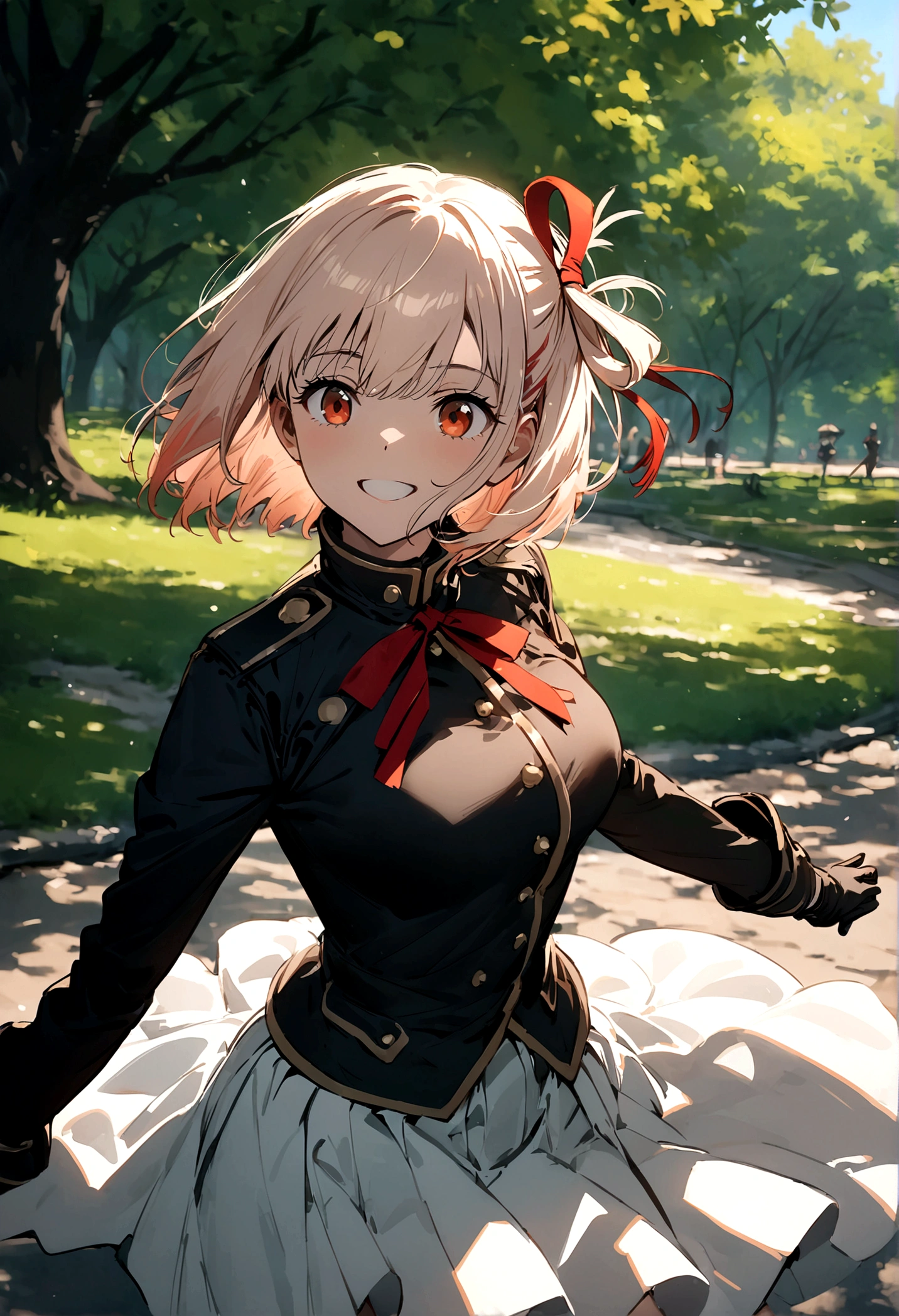 ((masterpiece,best quality)),1 Girl,Solitary, (((Nishiki Chisato))), short hair, Light hair, Solitary, skirt, Detail eyes, Looking at the audience, Long sleeve, permanent, white skirt, Gloves,Hair accessories, Black jacket, Smile, Flowing hair, Hook of Holland, Shut up, Look away, (Central Park),partly cloudy, Blue sky, warm color,