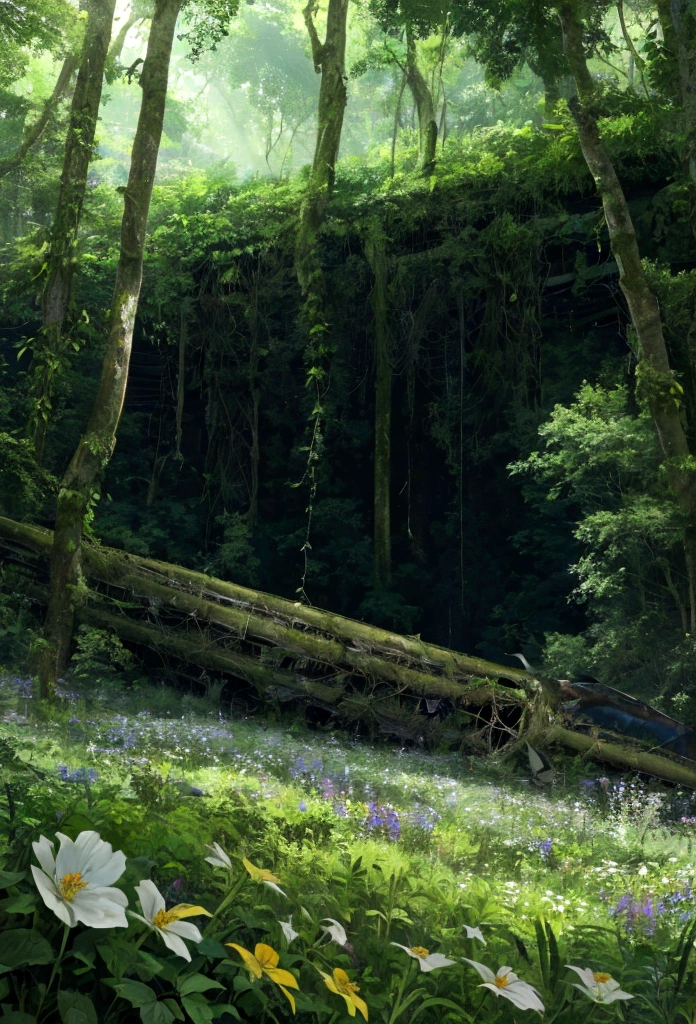 A massive plane crash site transformed by nature, with wildflowers blooming around it, and lush greenery creeping over the wreckage, located in a secluded forest glade. Soft light filtering through dense canopy, peaceful and abandoned. Anime nature, peaceful vibes, highly detailed, hd quality, natural look