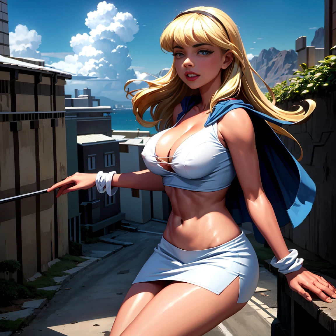 (tiro de vaqueiro), nsfw, (obra de arte), (melhor qualidade:1.0), (ultra high resolution:1.0), olhos detalhados,
QUEBRA Supergirl, 1 garota, cabelo loiro longo, no ar, voador
faixa de cabelo, \(branco\) corte superior, manga curta, capa, blue pencil skirt, luvas, botas BREAK
(nuvens, CIDADE, vista deslumbrante)