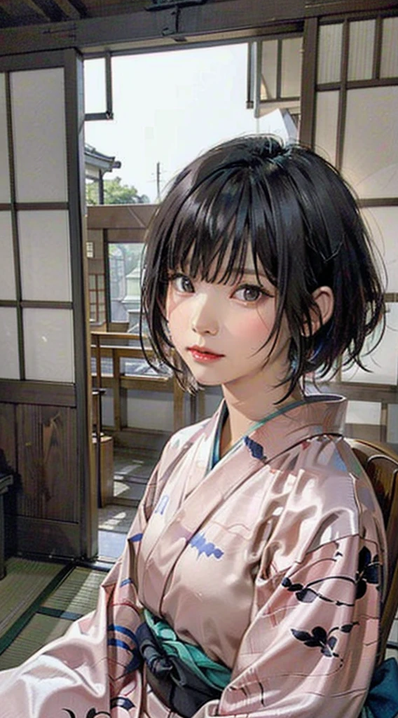 (Realistic)、(Realistic:1.2)、(High resolution)、Very detailed、Very beautiful face and eyes、1 girl、Delicate body、(highest quality、Attention to detail、Rich skin detail)、(highest quality、8k、Oil paint:1.2)、Very detailed、(Realistic、Realistic:1.37)、Bright colors、Full Body Shot,black_hair, Beautiful 8k eyes,Looking_in_Audience,One person in,Are standing,((Very beautiful woman, Fuller lips, Japanese pintern kimono))、((Colorful Japanese kimono)))、(((blackhair)))、(((Blunt bung，short hair)))、((( Inside an old Japanese house with a (short focus :1.4),)))、(masterpiece, highest quality, highest quality, Official Art, beautifully、aesthetic:1.2),(Fractal Art:1.3),Sengoku period、Greg Rutkowski Written by Alphonse Mucha Ropp,short ,uchikake,nishijin ori,(realistic light and shadow), (real and delicate background),(muted colors, dim colors, soothing tones:1.3), low saturation, (hyperdetailed:1.2), (noir:0.4),drow,blurry_light_background, (vibrant color:1.2), cinematic lighting, ambient lighting,Single Shot,Shallow Focus,pink lip,blurry light background,