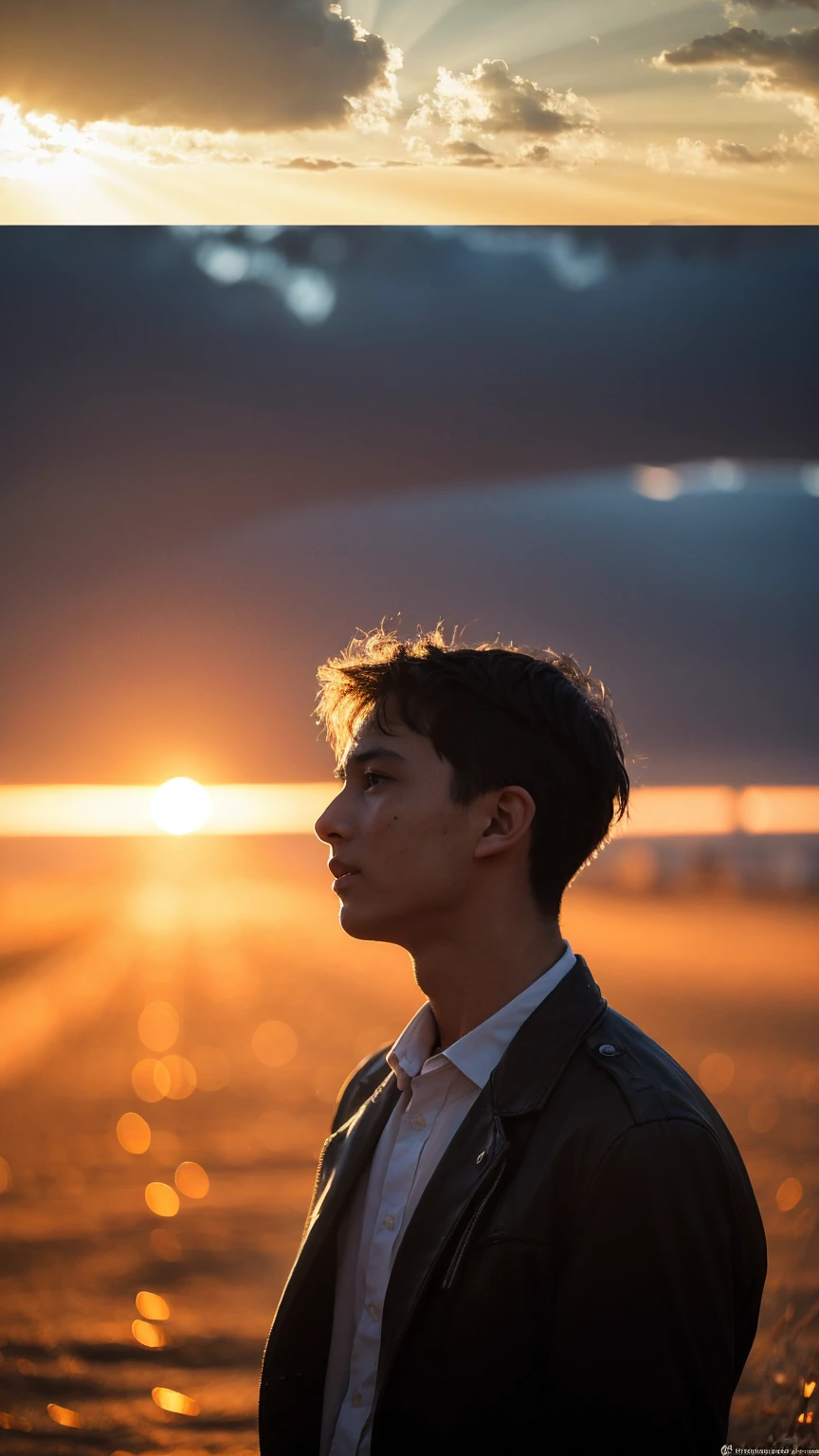 A young man made of ral-dissolve, wearing a tattered suit and playing a haunting melody on his guitar, stands in the midst of a destroyed city. His face is ideal but sad, reflecting the horrors of war that have surrounded him. Despite the devastation, the man represents hope and life, a beacon of light in the darkness. The early sunrise casts a warm glow through the clouds, illuminating the scene with a sense of promise and renewal. The ral-dissolve technique creates a sense of ethereal beauty, emphasizing the man's connection to the spiritual realm. The overall mood is one of melancholy and reflection, a poignant reminder of the fragility of life and the power of hope in the face of adversity.